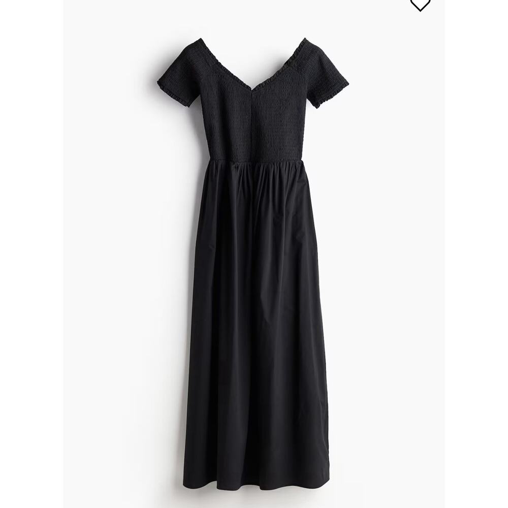 H&M Women's Black Off-The Shoulder Smocked V-Neck Maxi Dress Size XS - Picture 3 of 5